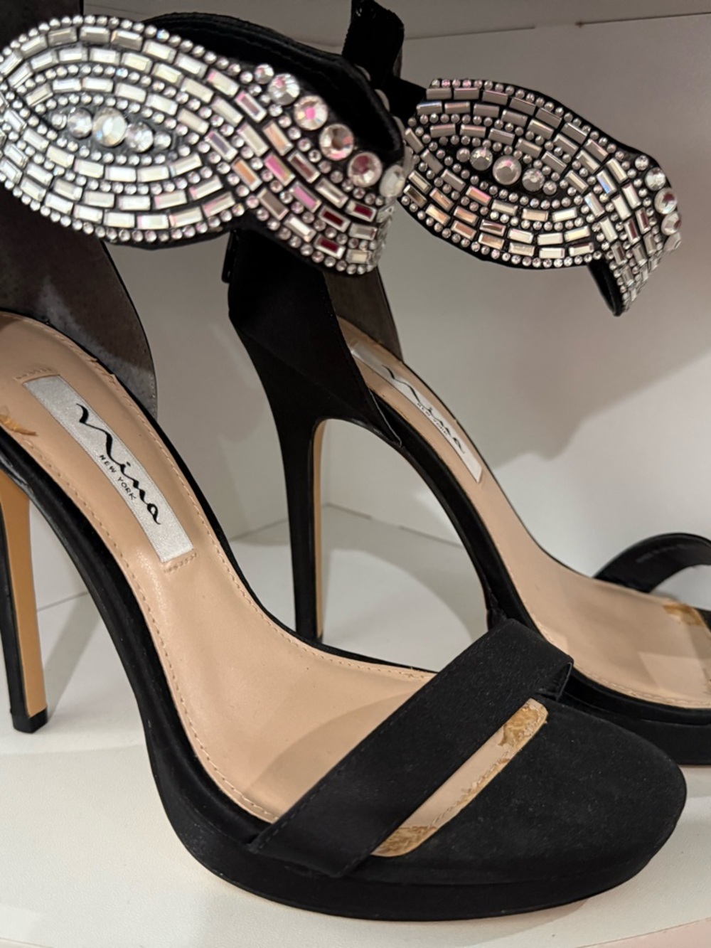Nina Black Crystal-Embellished Ankle-Strap Stiletto Sandals